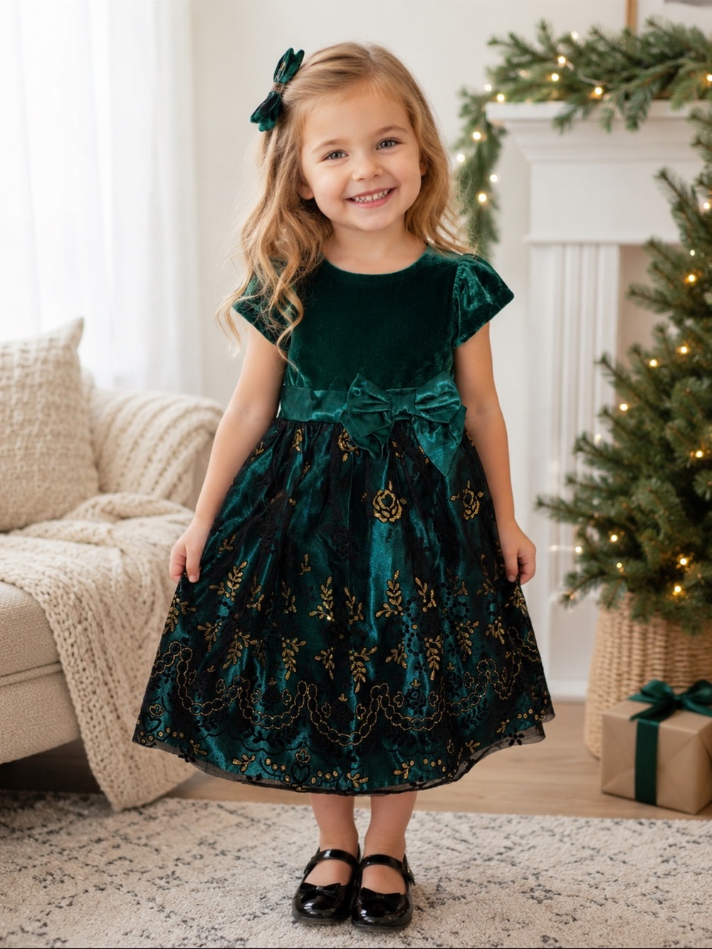 Nannette Kids Green Velvet Holiday Dress Girls Formal Lace Glitter Size 2T